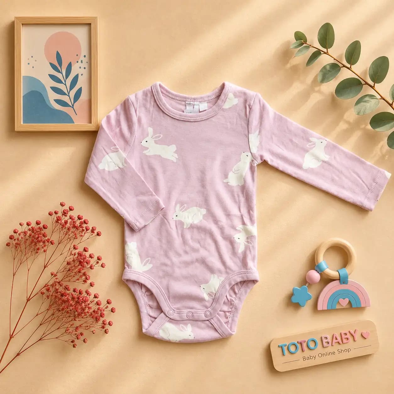 بادی آستین بلند نوزادی وارداتی طرح خرگوش رنگ صورتی برند H&M