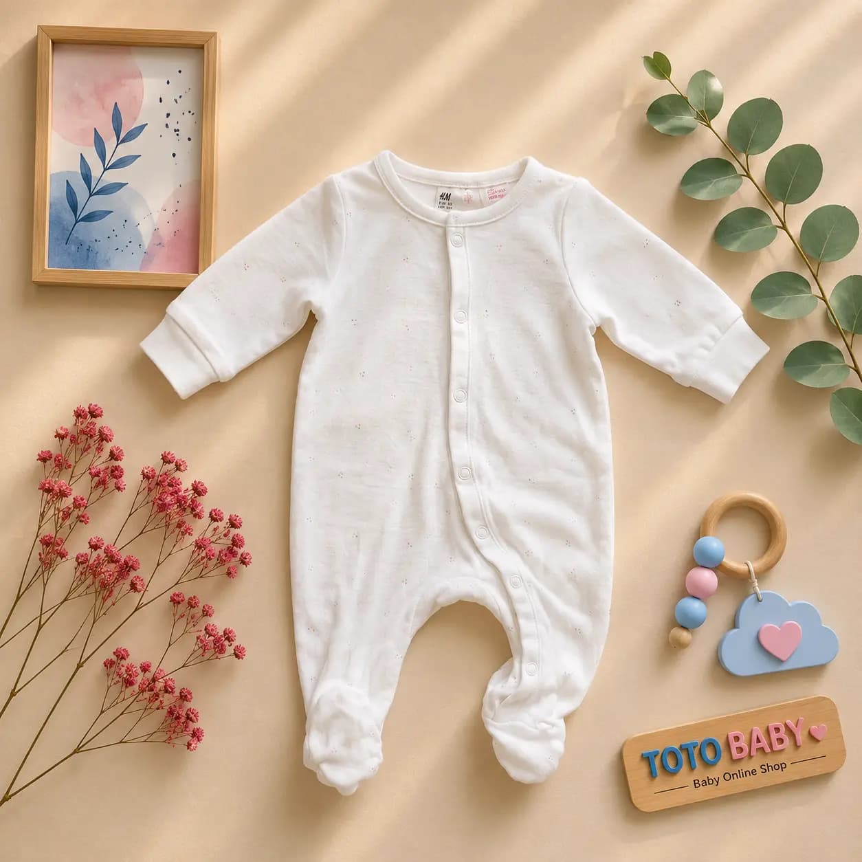 سرهمی نوزادی جوراب دار وارداتی طرح خالدار رنگ شیری برند H&M — تصویر ۶