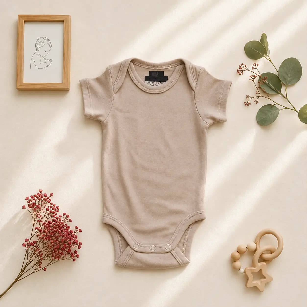 بادی آستین کوتاه نوزادی وارداتی ساده رنگ کرم تیره برند H&M