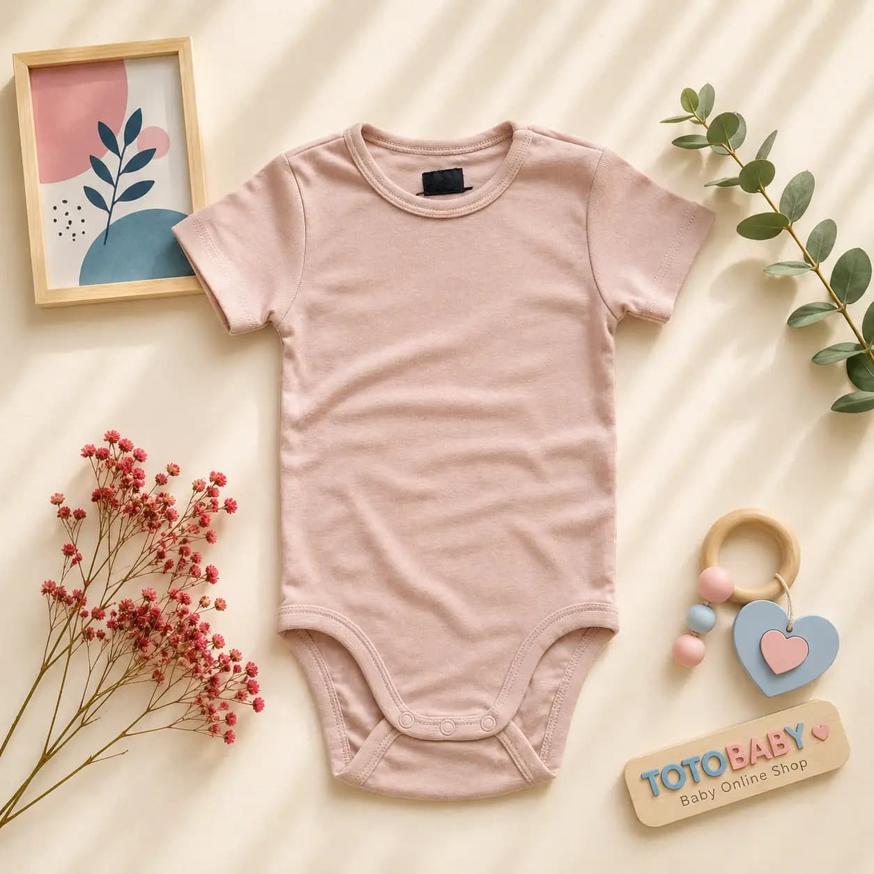 بادی آستین کوتاه نوزادی وارداتی ساده رنگ صورتی روشن برند H&M