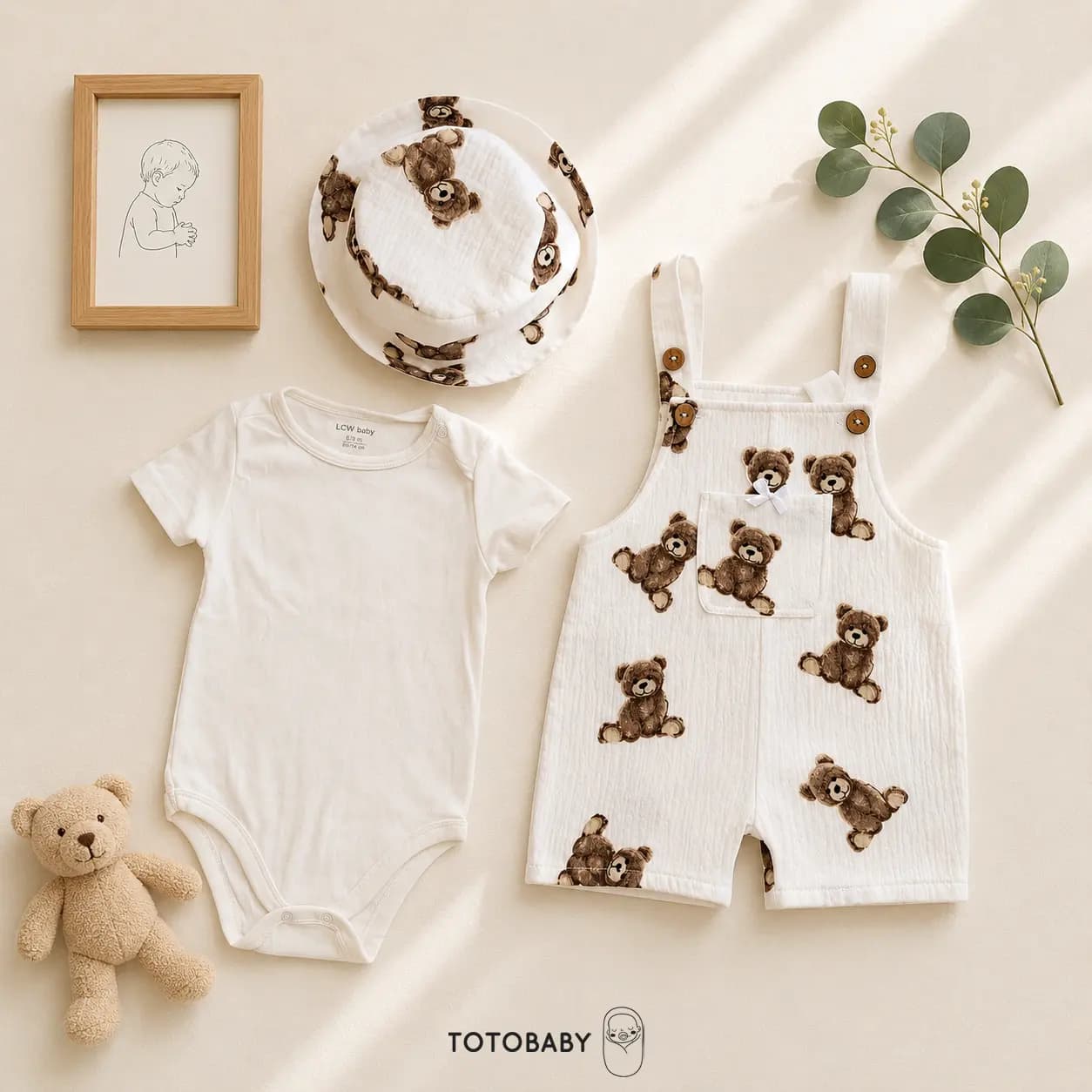 ست بیلر، بادی و کلاه پریمیوم نوزادی طرح تدی رنگ سفید برند totobaby — تصویر ۷