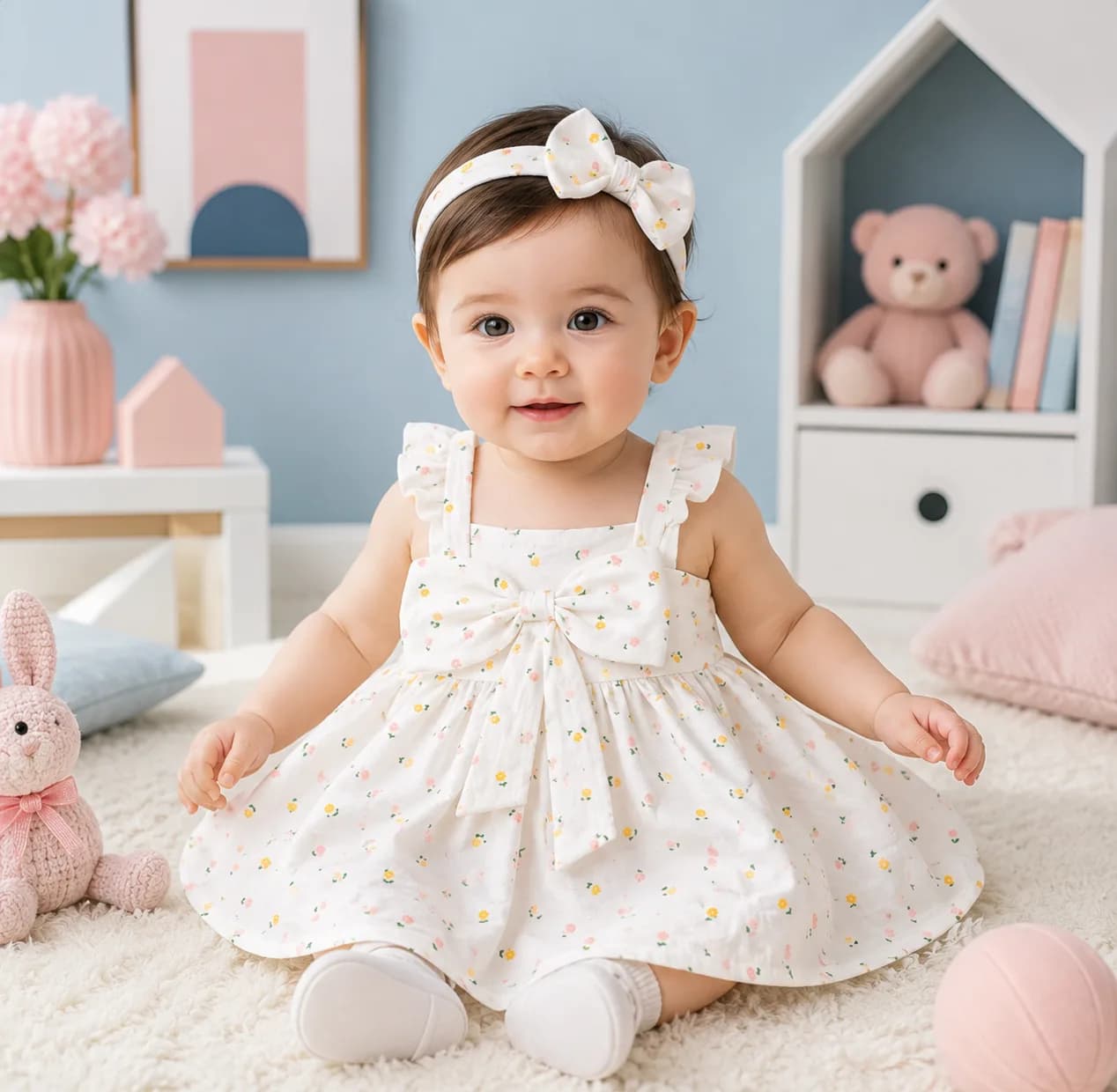 ست پیراهن دخترانه پریمیوم و هدبند طرح گلدار نوزادی رنگ شیری برند totobaby — تصویر ۴