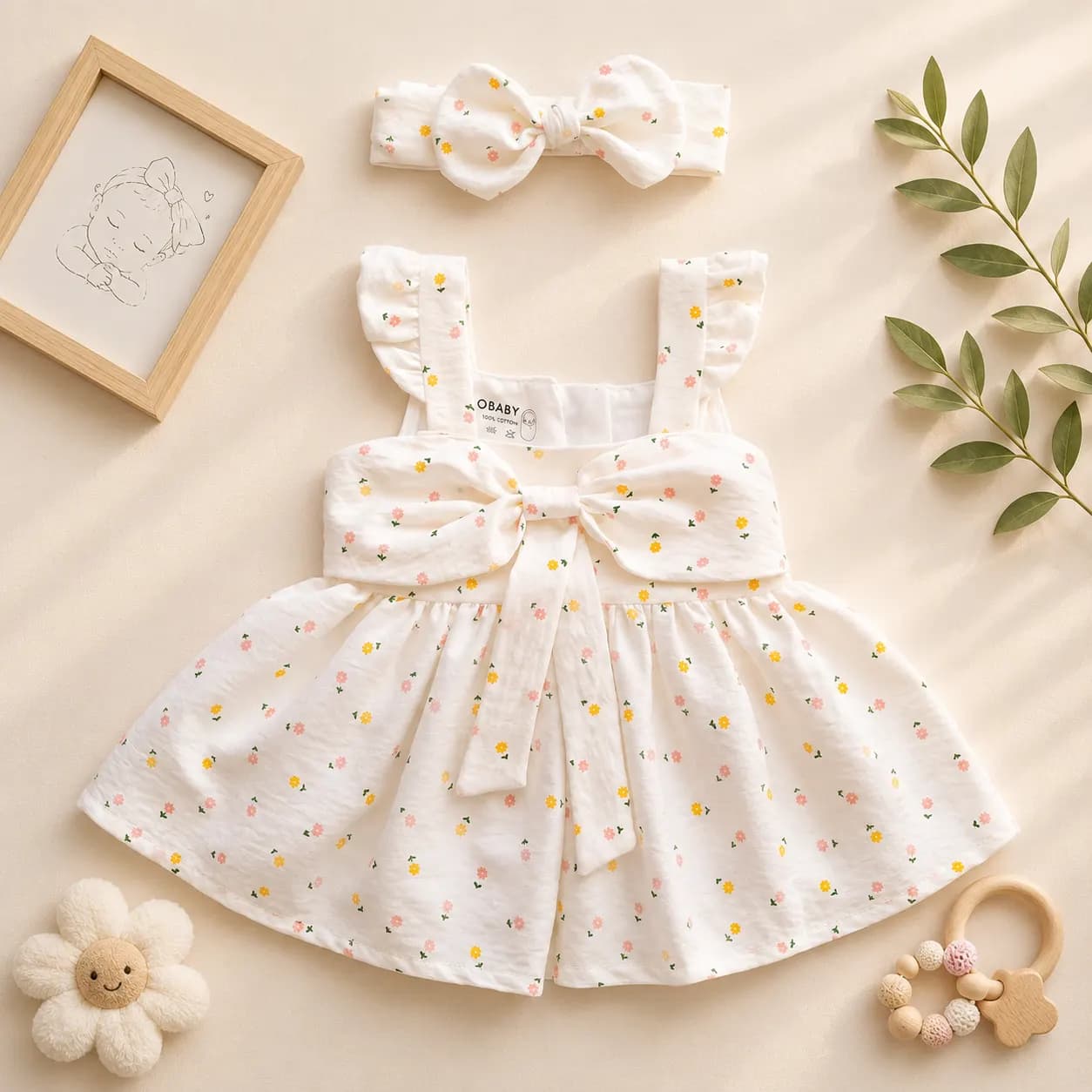 ست پیراهن دخترانه پریمیوم و هدبند طرح گلدار نوزادی رنگ شیری برند totobaby — تصویر ۳
