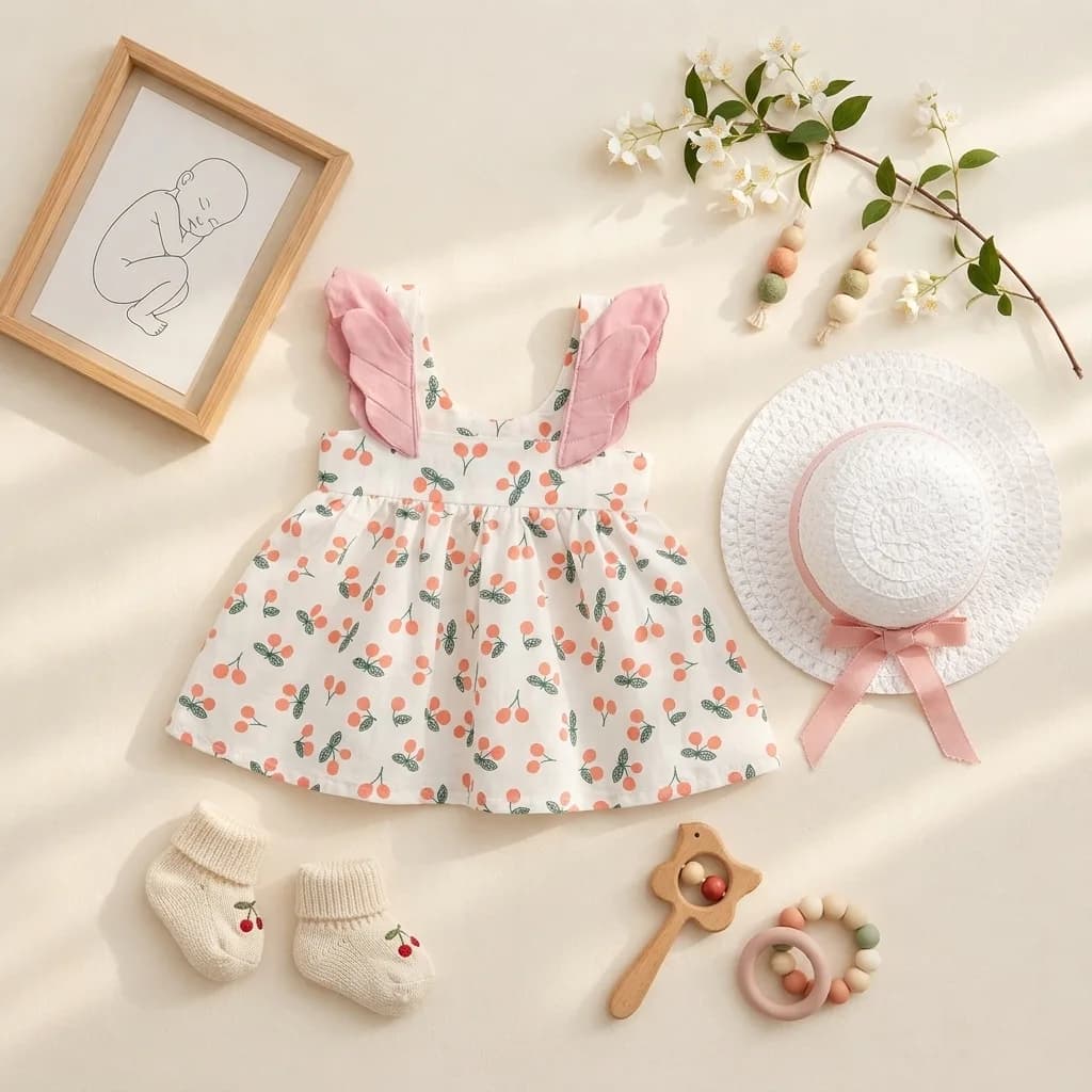 ست پیراهن و کلاه نوزادی وارداتی بالدار طرح گیلاس رنگ سفید صورتی برند Bei Bei Kids