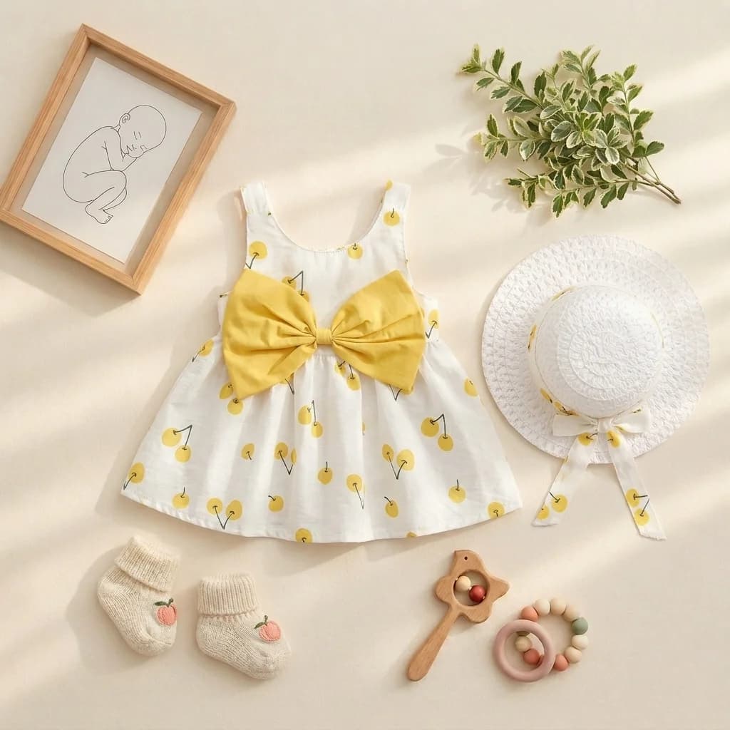 ست پیراهن و کلاه نوزادی وارداتی پاپیون دار طرح گیلاس رنگ سفید زرد برند Bei Bei Kids