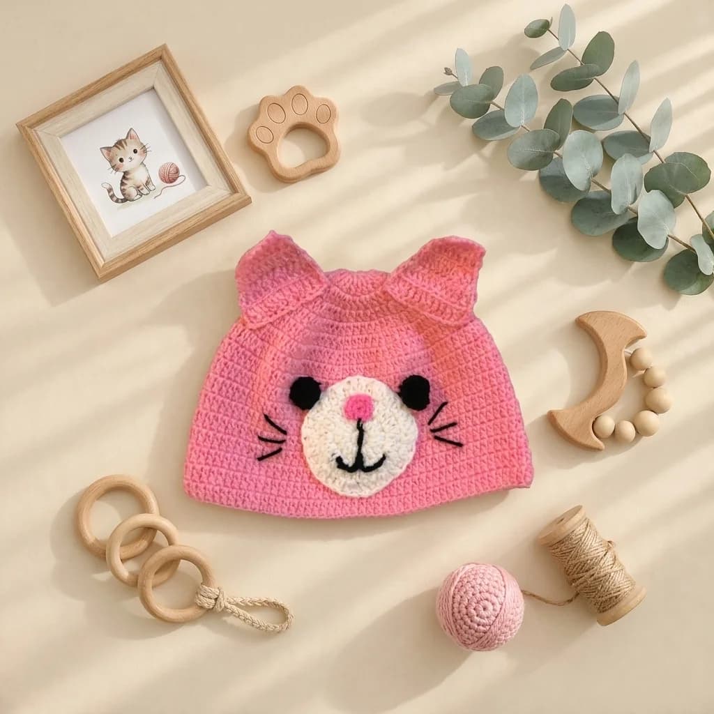 کلاه نوزادی دستبافت طرح گربه صورتی برند totobaby — تصویر ۲