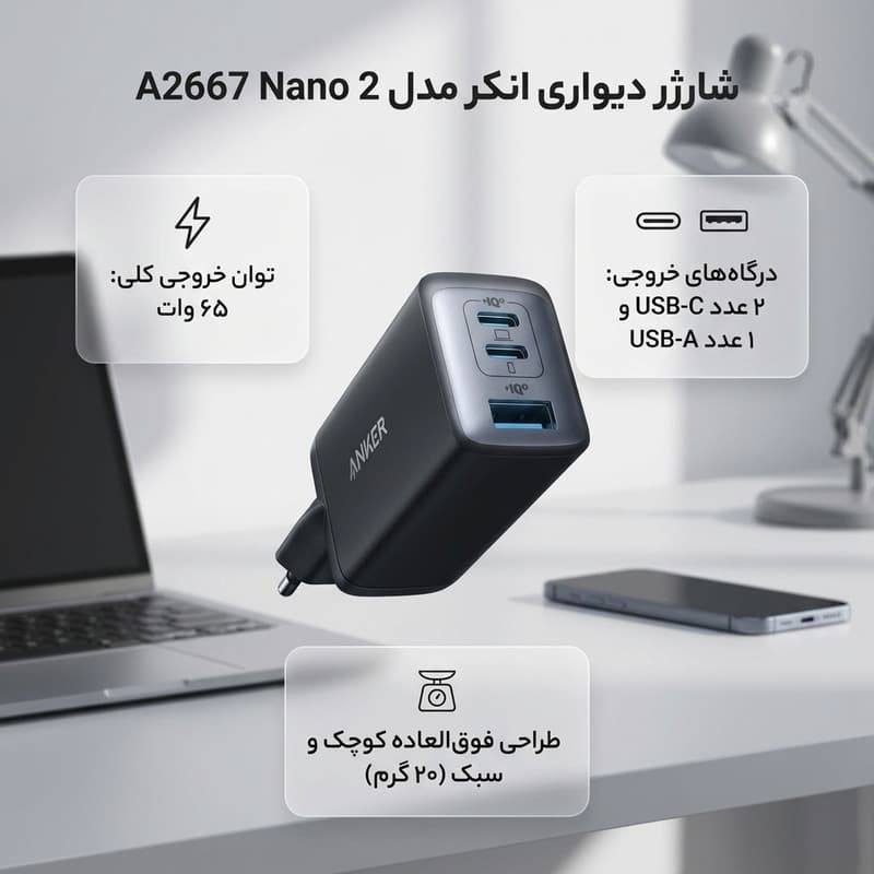 شارژر دیواری ۶۵ وات انکر مدل A2667 Nano 2 — تصویر ۸