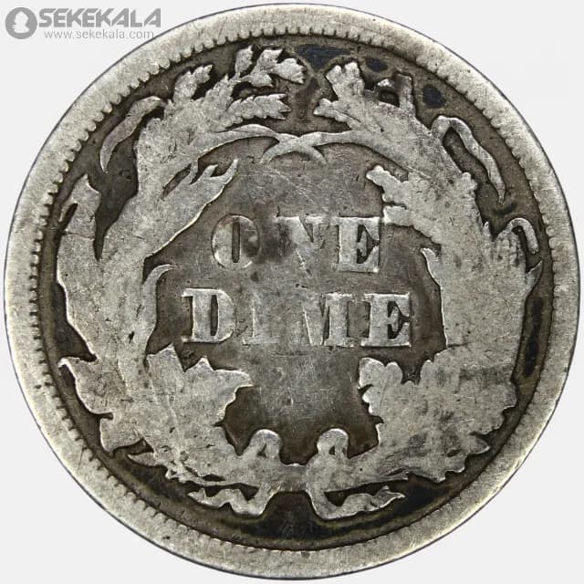 سکه 1 دایم (10 سنت) نقره آمریکا 1874 (seated Liberty dime)(بینهایت کمیاب) — تصویر ۴