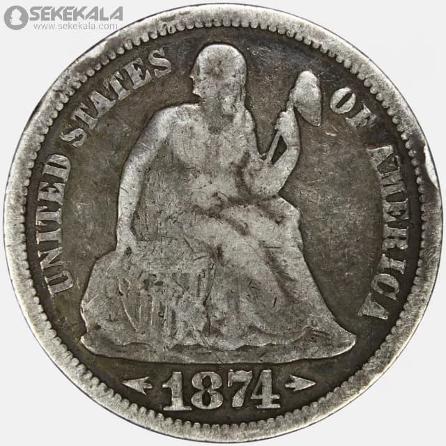 سکه 1 دایم (10 سنت) نقره آمریکا 1874 (seated Liberty dime)(بینهایت کمیاب) — تصویر ۳