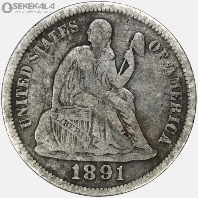 سکه 1 دایم (10 سنت) نقره آمریکا 1891 (seated Liberty dime)(بینهایت کمیاب) — تصویر ۳