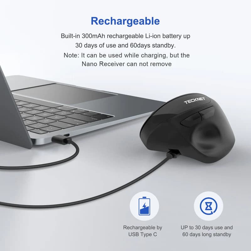 ماوس ارگونومیک عمودی بی سیم قابل شارژ با گیرنده نانو USB برند TECKNET مدل EWM01576 — تصویر ۱۱