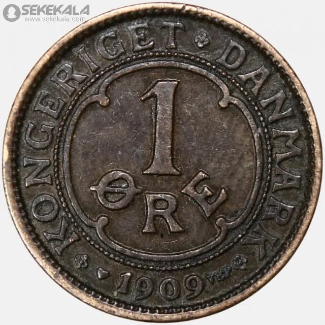 سکه 1 اوره دانمارک 1909 (فردریک هشتم)(بسیار کمیاب) — تصویر ۴