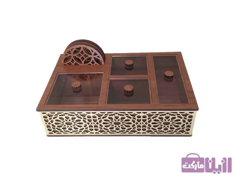 تی بگ چوبی چهارخانه همراه زیر لیوانی
