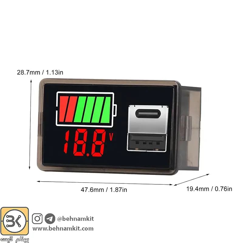 ماژول نشانگر ظرفيت و ولتاژ باتری 8 تا 30 ولت بارگراف و ولتاژ با دو پورت USB و Type-C — تصویر ۸