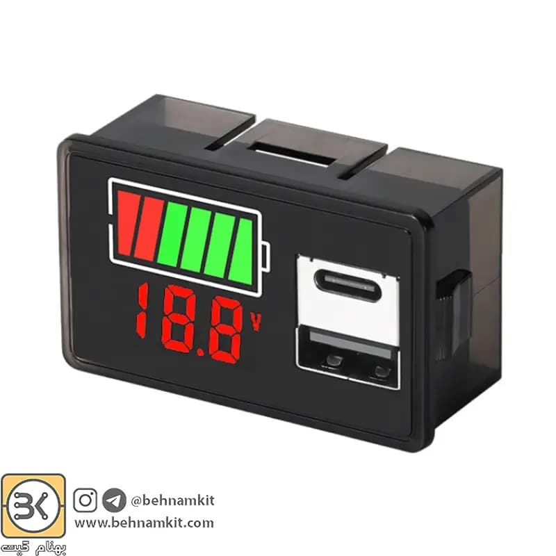 ماژول نشانگر ظرفيت و ولتاژ باتری 8 تا 30 ولت بارگراف و ولتاژ با دو پورت USB و Type-C — تصویر ۱۱