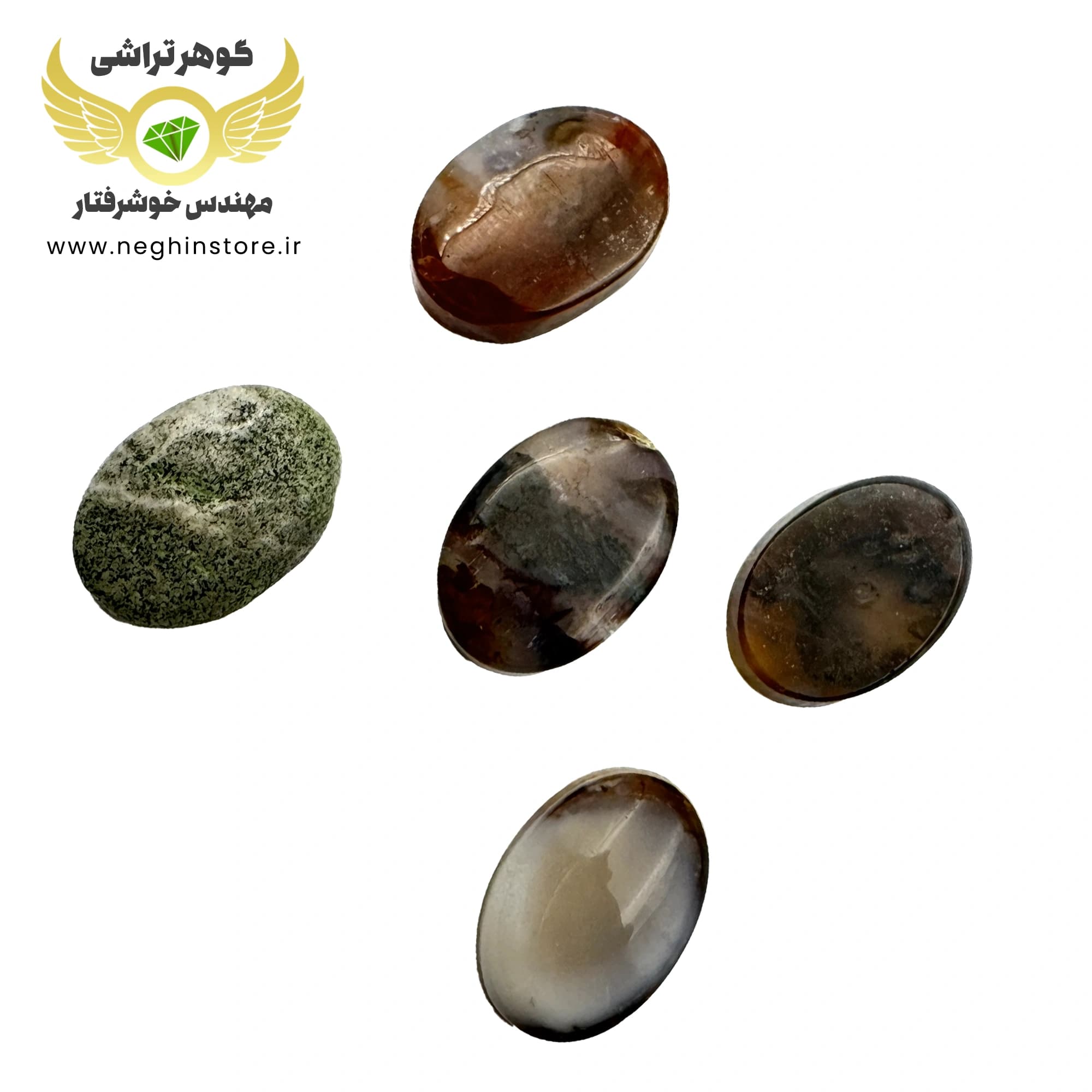 عقیق شجر معدنی پاییزی شیراز: مجموعه کامل ۵ نگین اصل زیبا – کد 1048