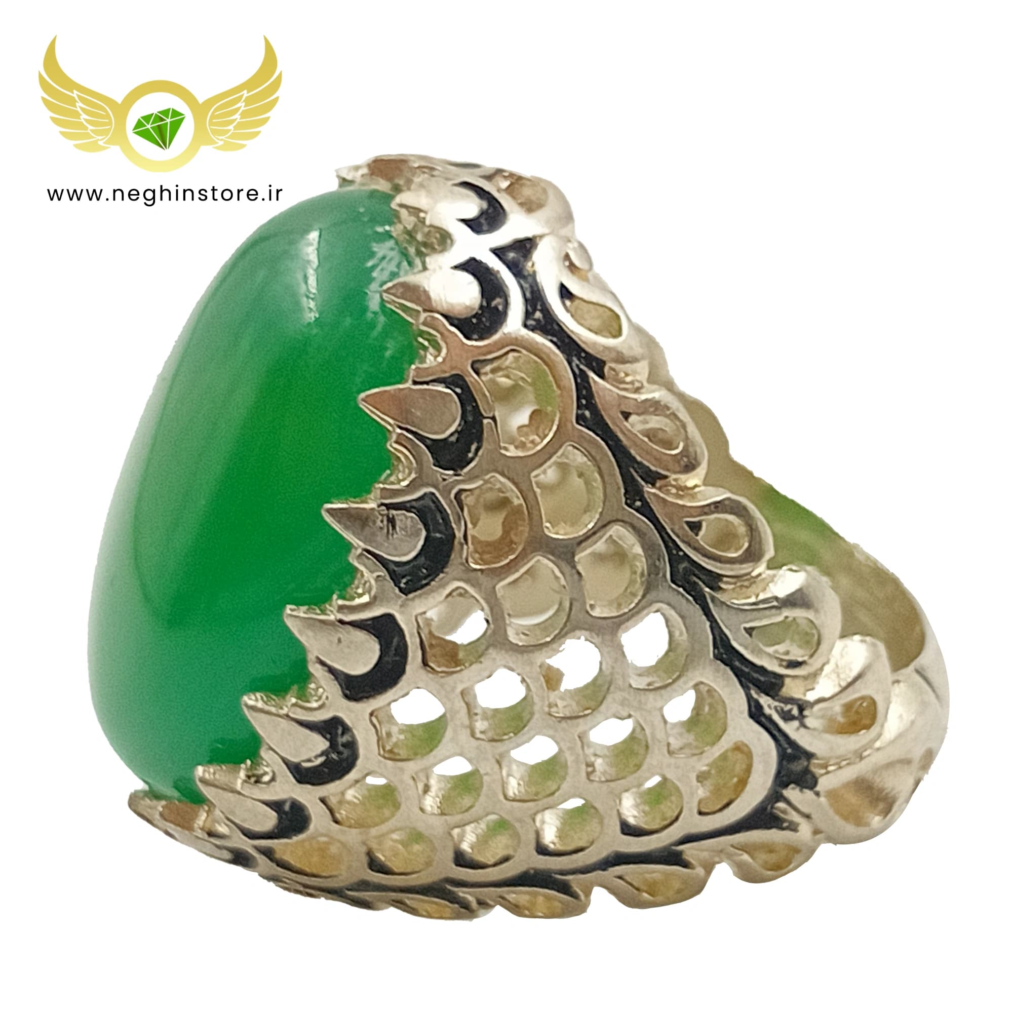 انگشتر مردانه عقیق سبز خراسان با روکش نقره 925 – کد 1033