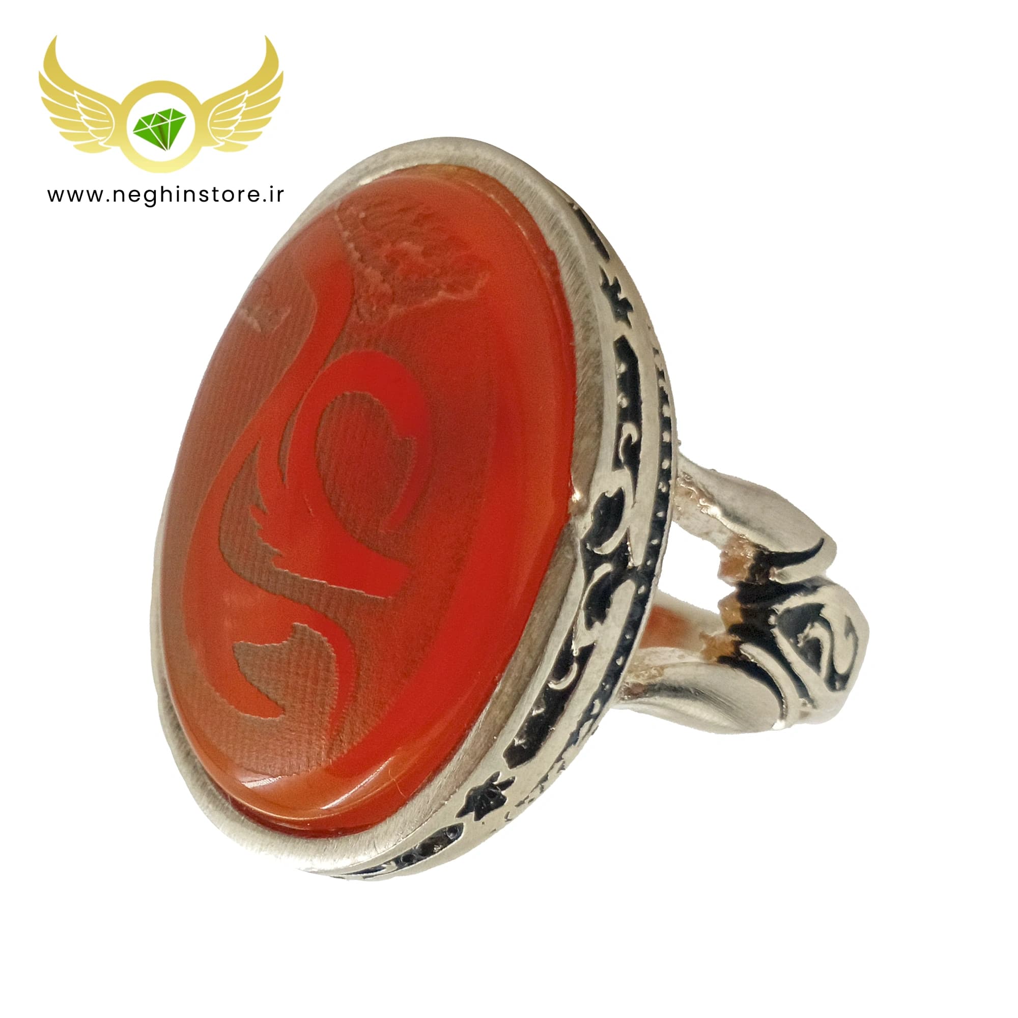 انگشتر مردانه عقیق سرخ خراسان اصل با روکش نقره 925 حکاکی نام مبارک علی – کد 1032