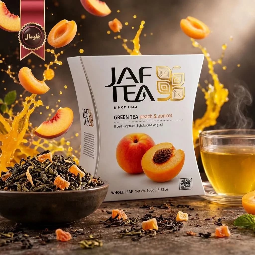 6 بسته چای سبز میوه ای جف تی JAF TEA مدل هلو و زردآلو Peach & Apricot وزن 100 گرم (اورجینال) — تصویر ۲