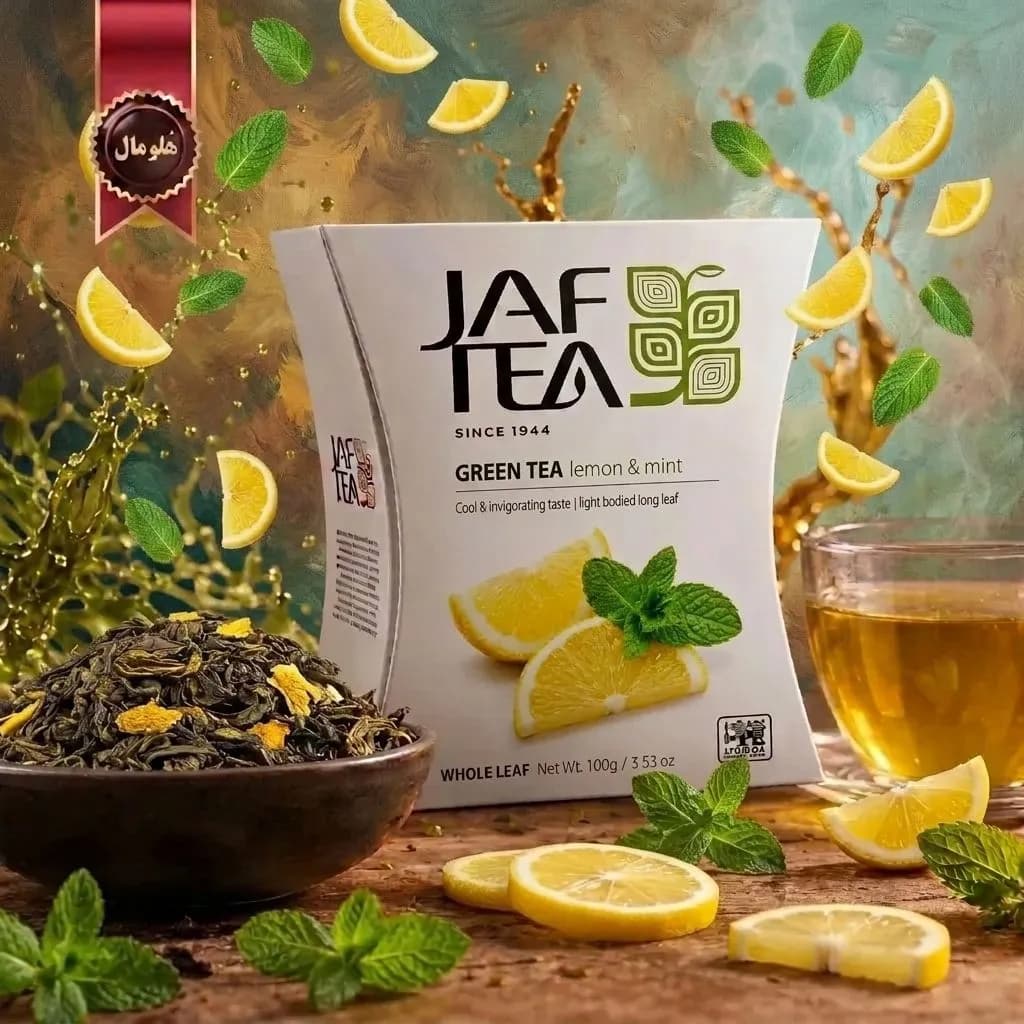 6 بسته چای سبز میوه ای جف تی JAF TEA مدل لیمو و نعناع Lemon & Mint وزن 100 گرم (اورجینال) — تصویر ۲