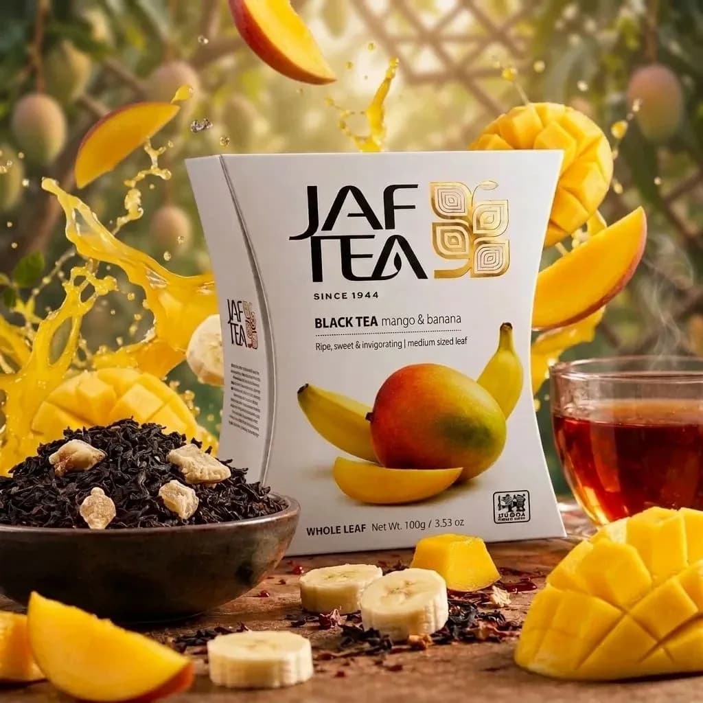 چای سیاه میوه ای جف تی JAF TEA مدل انبه و موز Mango & Banana وزن 100 گرم (اورجینال) — تصویر ۲