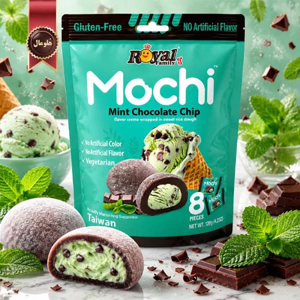 6 بسته موچی کرمی رویال فمیلی Royal Family با طعم نعناع شکلاتی Mint Chocolate Chip وزن 120 گرم (اورجینال) — تصویر ۲