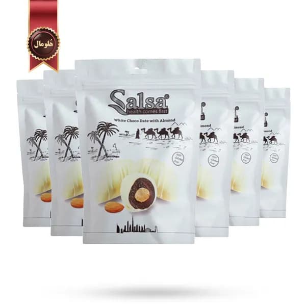 6 بسته شکلات خرمایی سالسا Salsa مدل روکش شکلات سفید با بادام White Chocolate With Almond وزن 250 گرم (اورجینال) — تصویر ۲