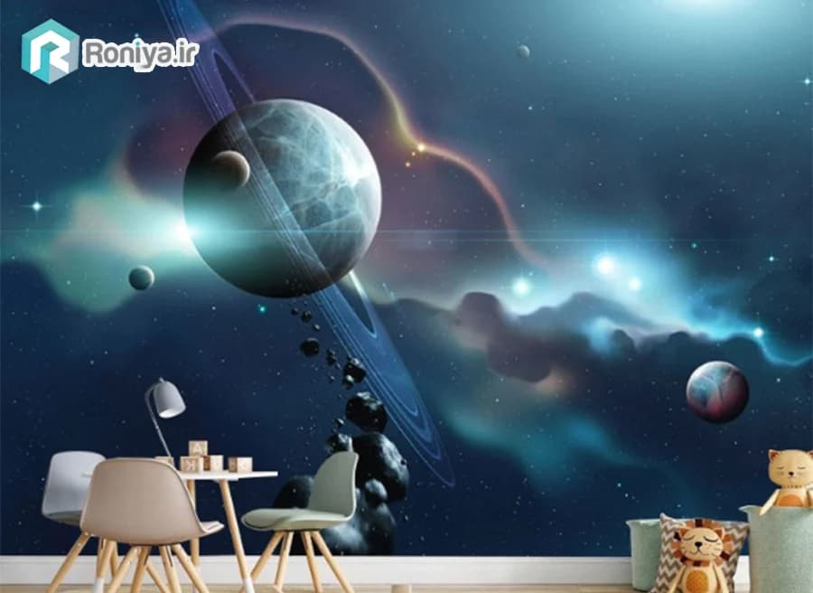 پوستر دیواری طرح سیاره زحل و کهکشان آبی