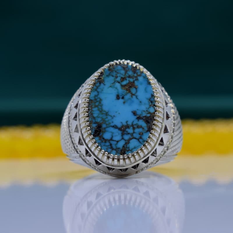 انگشتر فاخر فیروزه نیشابوری مردانه نقره دست ساز استاد فضلی کد{101020} — تصویر ۷