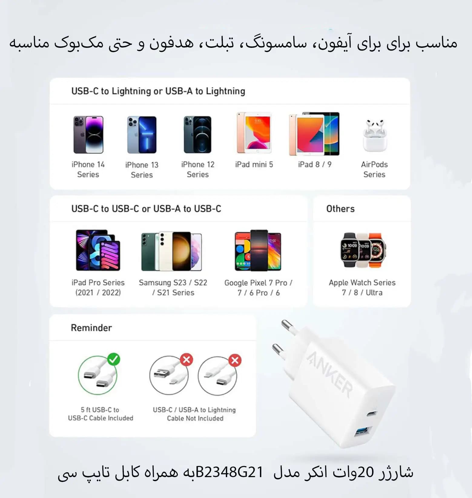 شارژر 20وات انکر مدل B2348G21 به همراه کابل تایپ سی — تصویر ۵