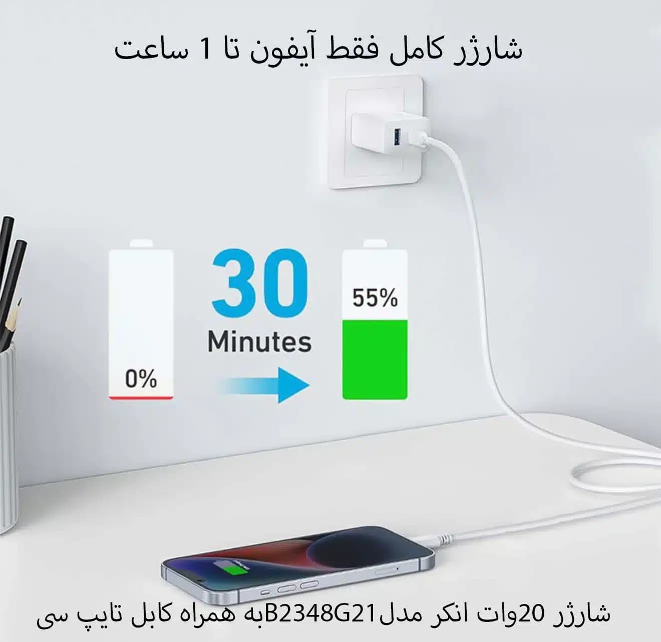 شارژر 20وات انکر مدل B2348G21 به همراه کابل تایپ سی — تصویر ۲