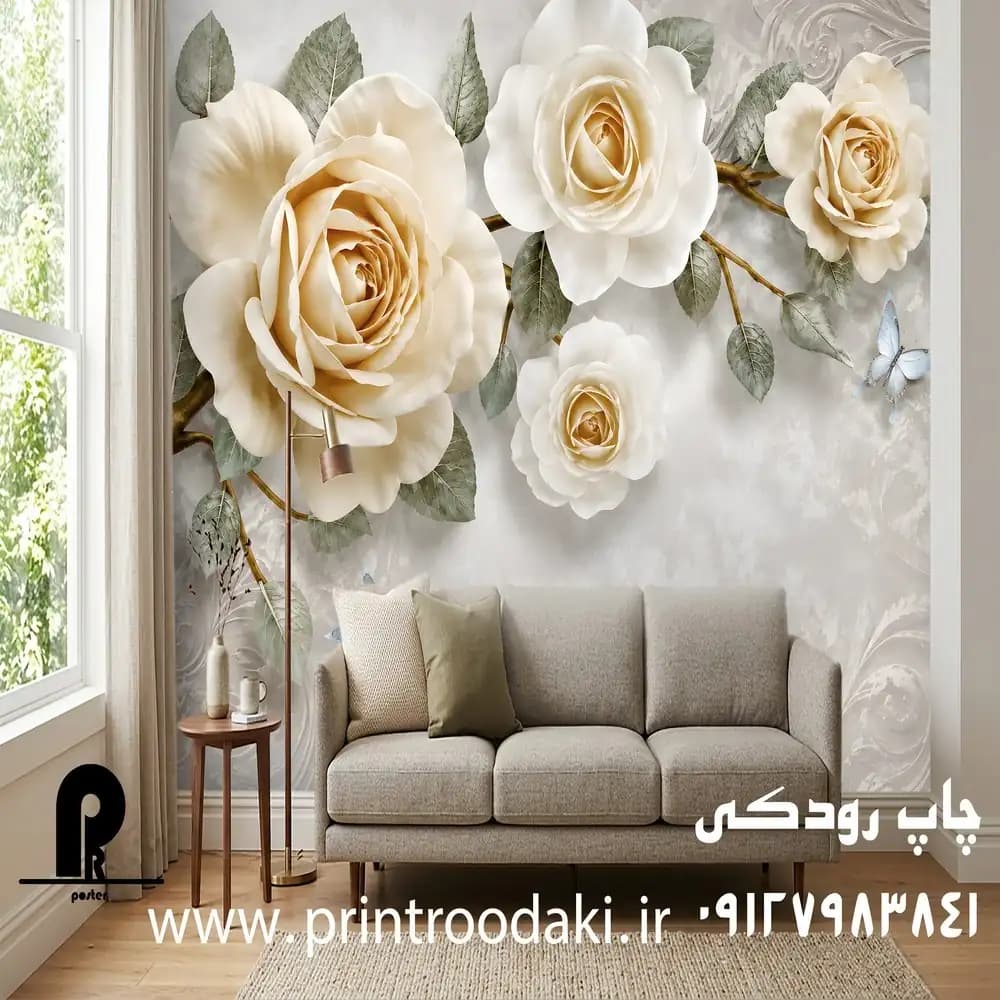 پوستر دیواری گل رز هلندی با زمینه پتیه طوسی — تصویر ۲