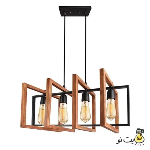 لوستر مدرن چهار شعله خطی چوب و فلز — تصویر ۳