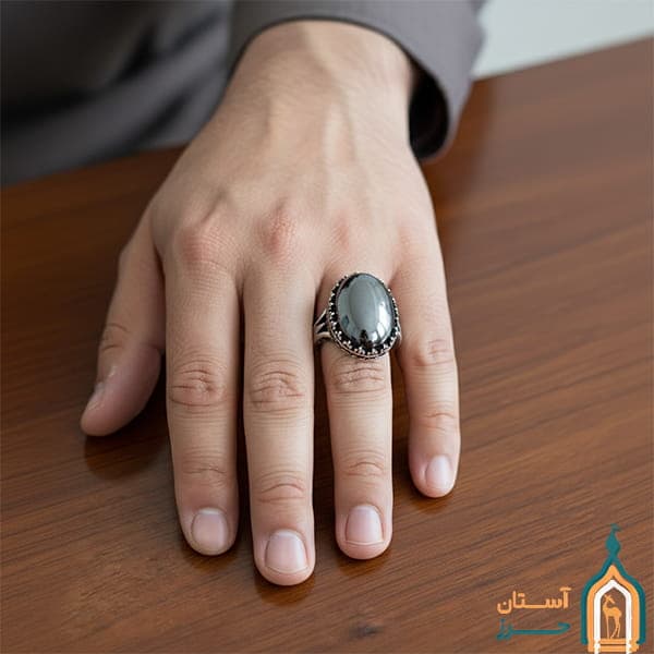 انگشتر حدید صینی مردانه نقره مدل امیر با حکاکی اذکار — تصویر ۷