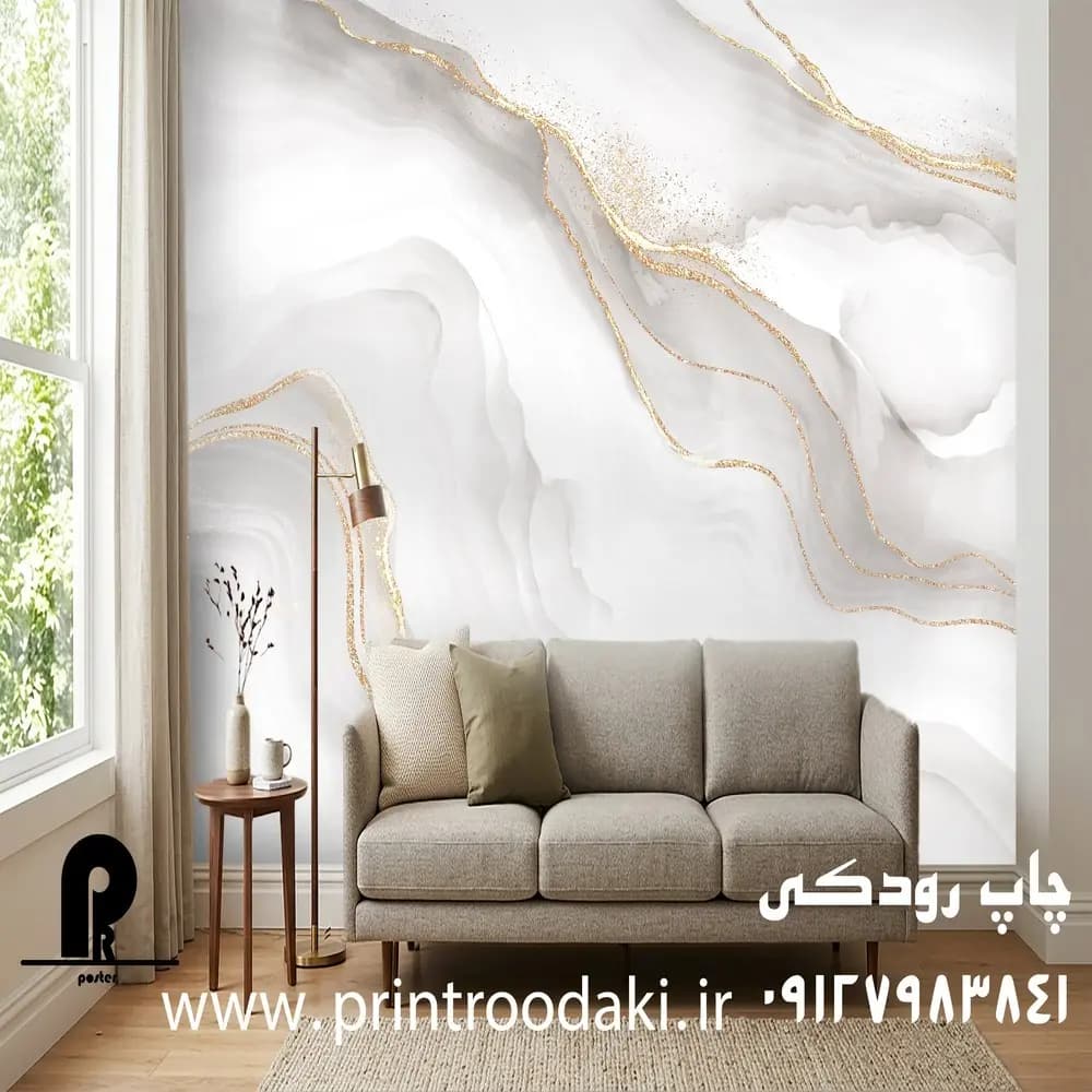 پوستر دیواری سنگ ماربل سفید طوسی با رگه طلایی