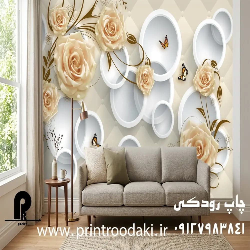 پوستر دیواری گل رز کرم با حلقه های سفید — تصویر ۳