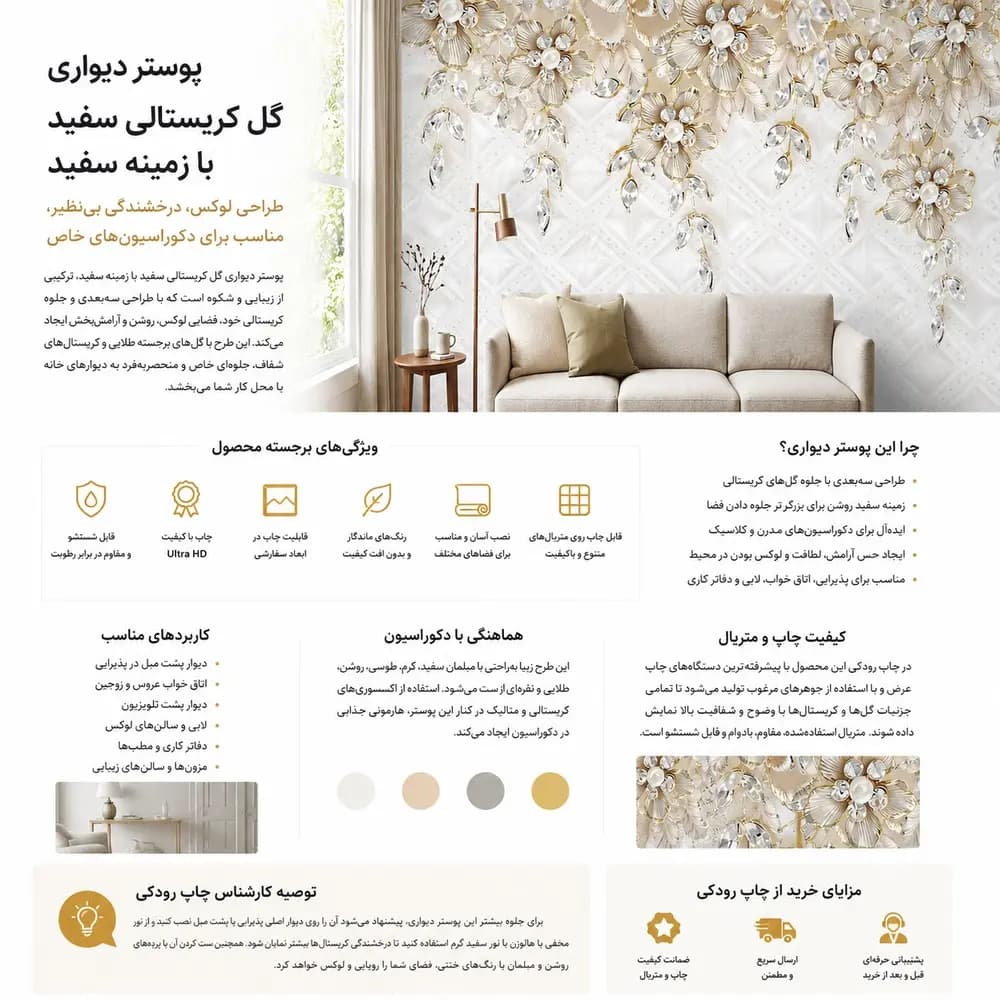 پوستر دیواری گل کریستالی سفید با زمینه سفید — تصویر ۲