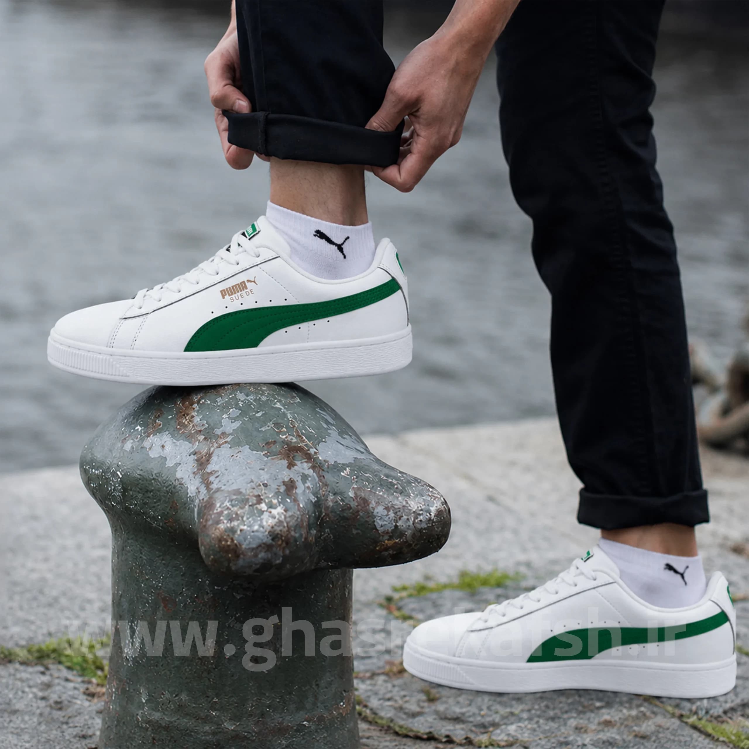 کتونی ونس مردانه پوما سوئد Puma SUEDE رنگ سفید سبز کد 1454 — تصویر ۶