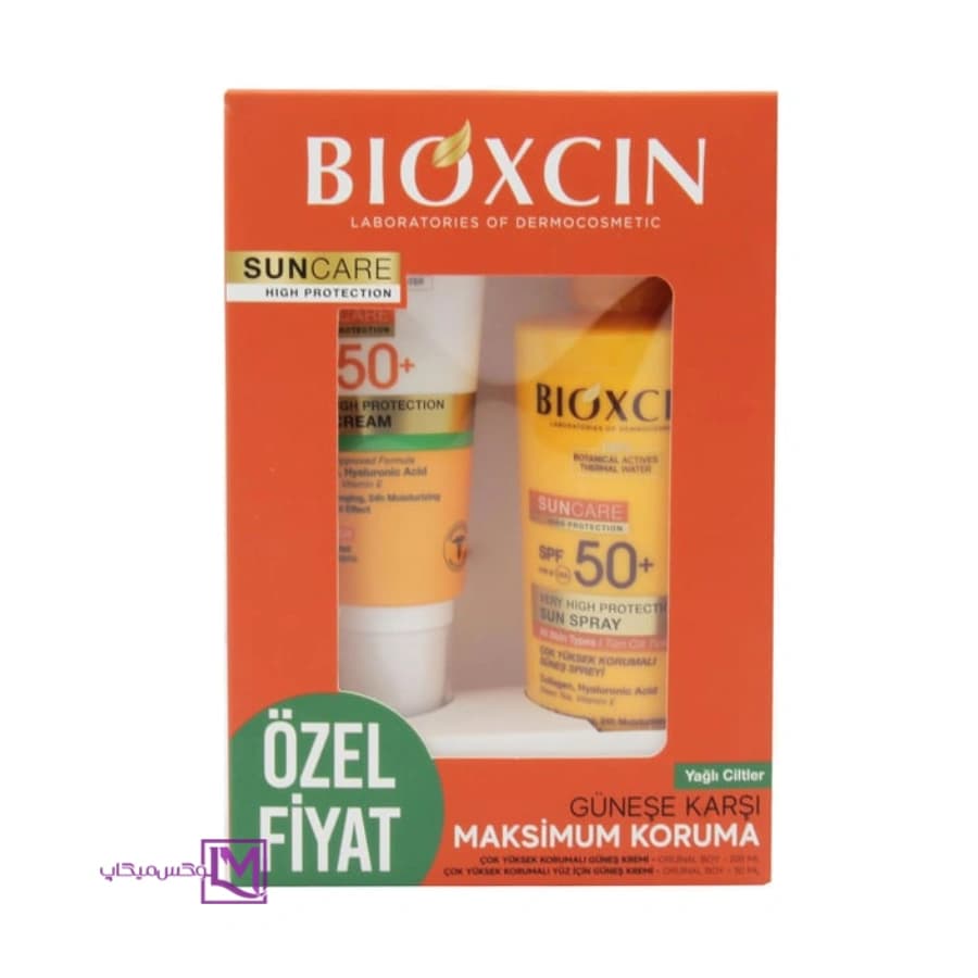 پک ضدآفتاب بیـوکسین SPF 50+ کرم مخصوص پوست چرب 50 میل + اسپری ضدآفتاب مناسب تمام پوست‌ها 200 میل