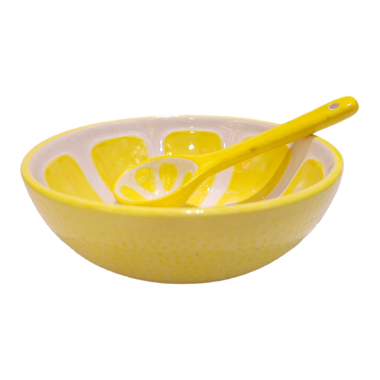 کاسه پیاله سرامیکی همراه با قاشق طرح میوه – لیمو زرد