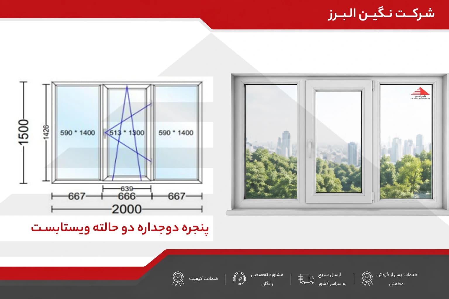 پنجره upvc دو حالته ویستابست ابعاد 150*200 سانتی متر — تصویر ۲