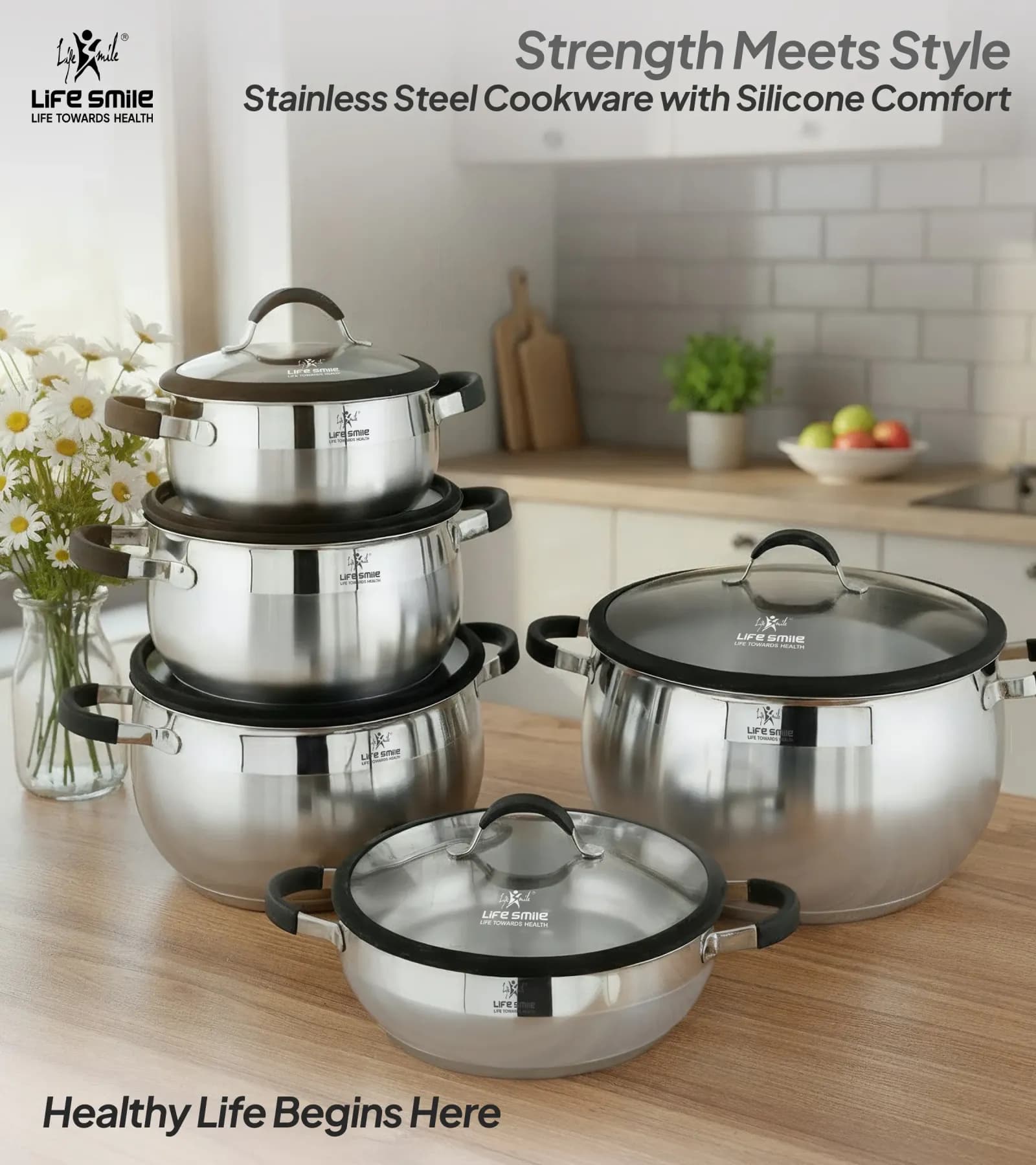 سرویس قابلمه لایف اسمایل استیل 10 پارچه مدلLIFEP22-10SILVER (اصل)