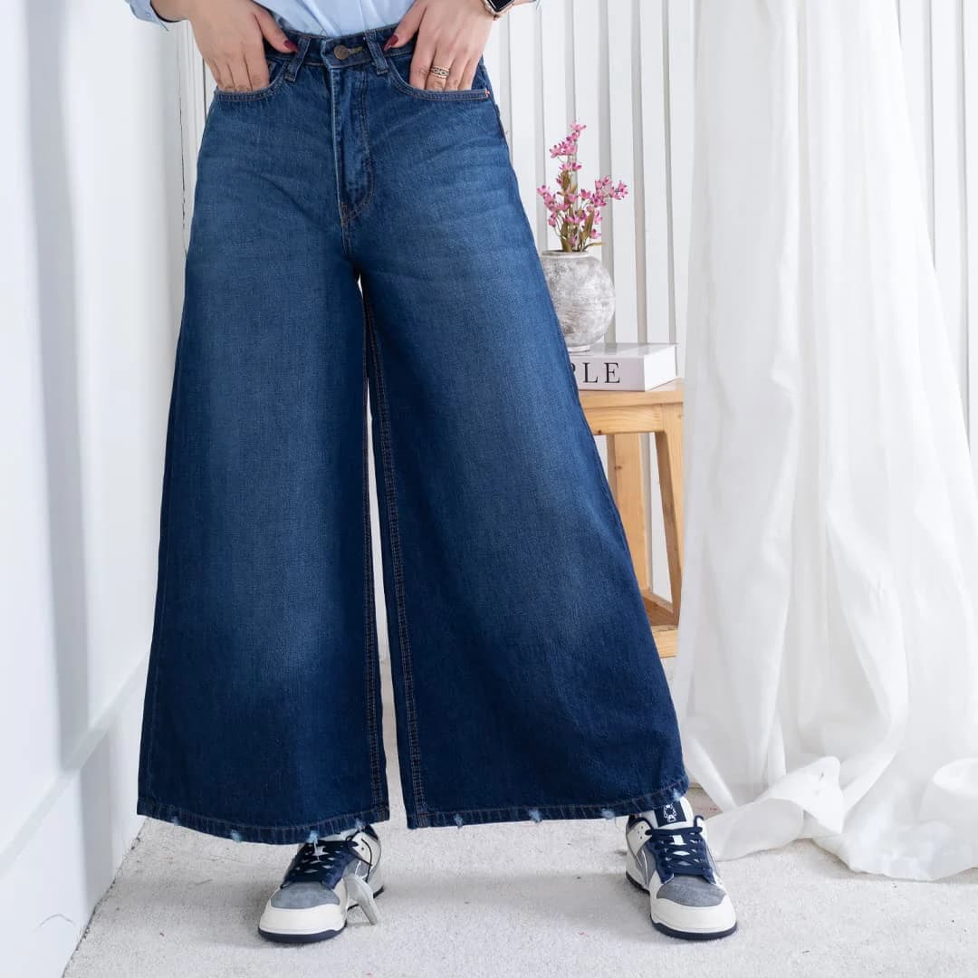شلوار جین دخترونه کراپ فول بگ THREE JEANS 19003