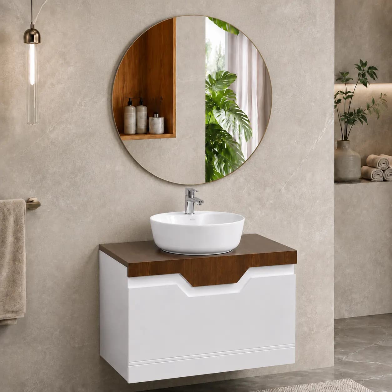 روشویی کابینتی مدرن سفید و طرح چوب زرین نیک 40×60 کد ZN8491