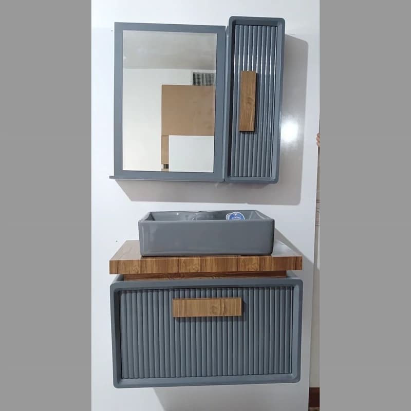 روشویی کابینتی pvc طوسی مات بامبو فول ست در ابعاد 50و60و70 همراه با آینه و باکس با سنگ طوسی مات — تصویر ۴