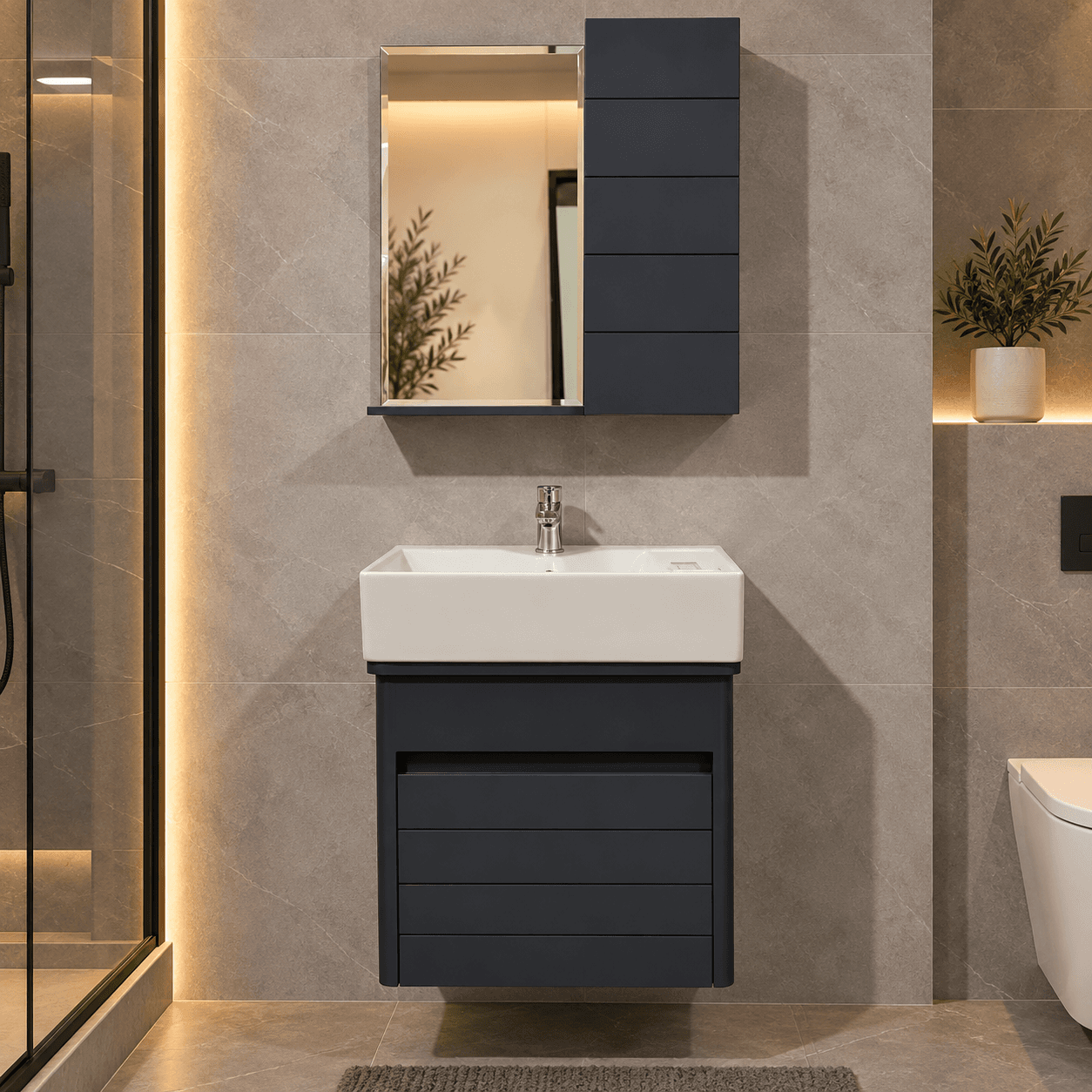 روشویی کوچک کابینتی آندره سایز 25*46 همراه آینه و باکس