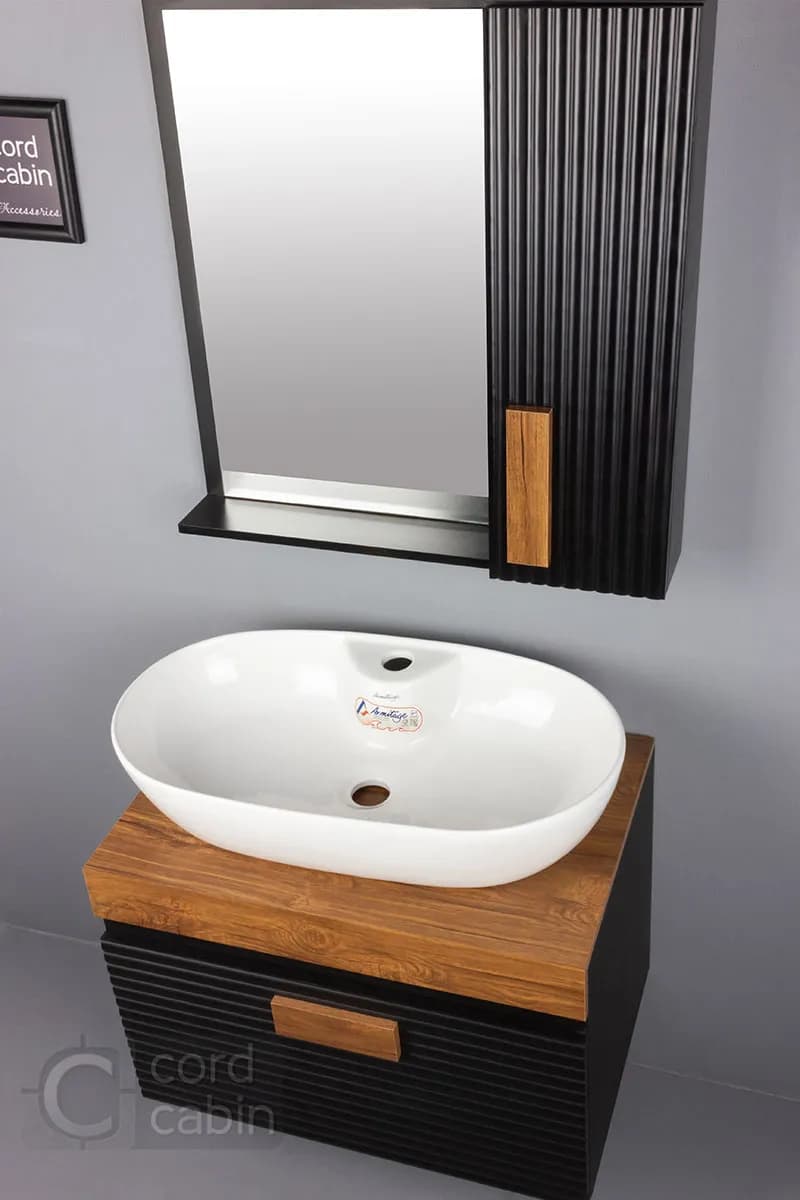 روشویی کابینتی و آینه باکس طرح بامبو مشکی چوب آرمیتاژ — تصویر ۶