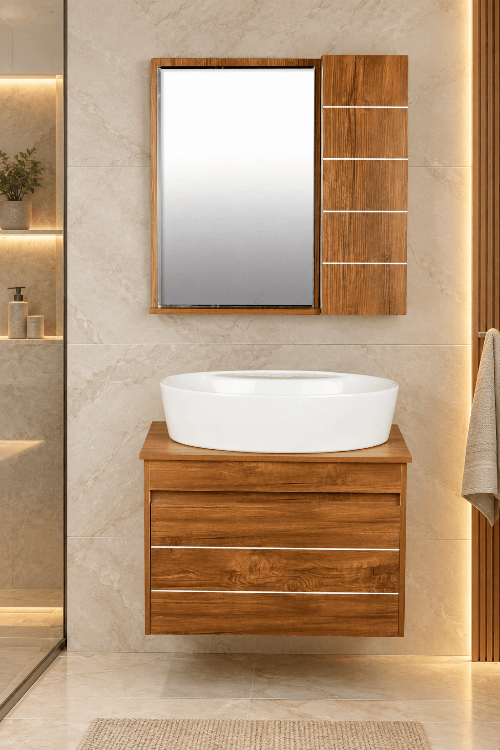 روشویی کابینتی و آینه باکس 40*60 طرح چوب پاپیتال — تصویر ۲