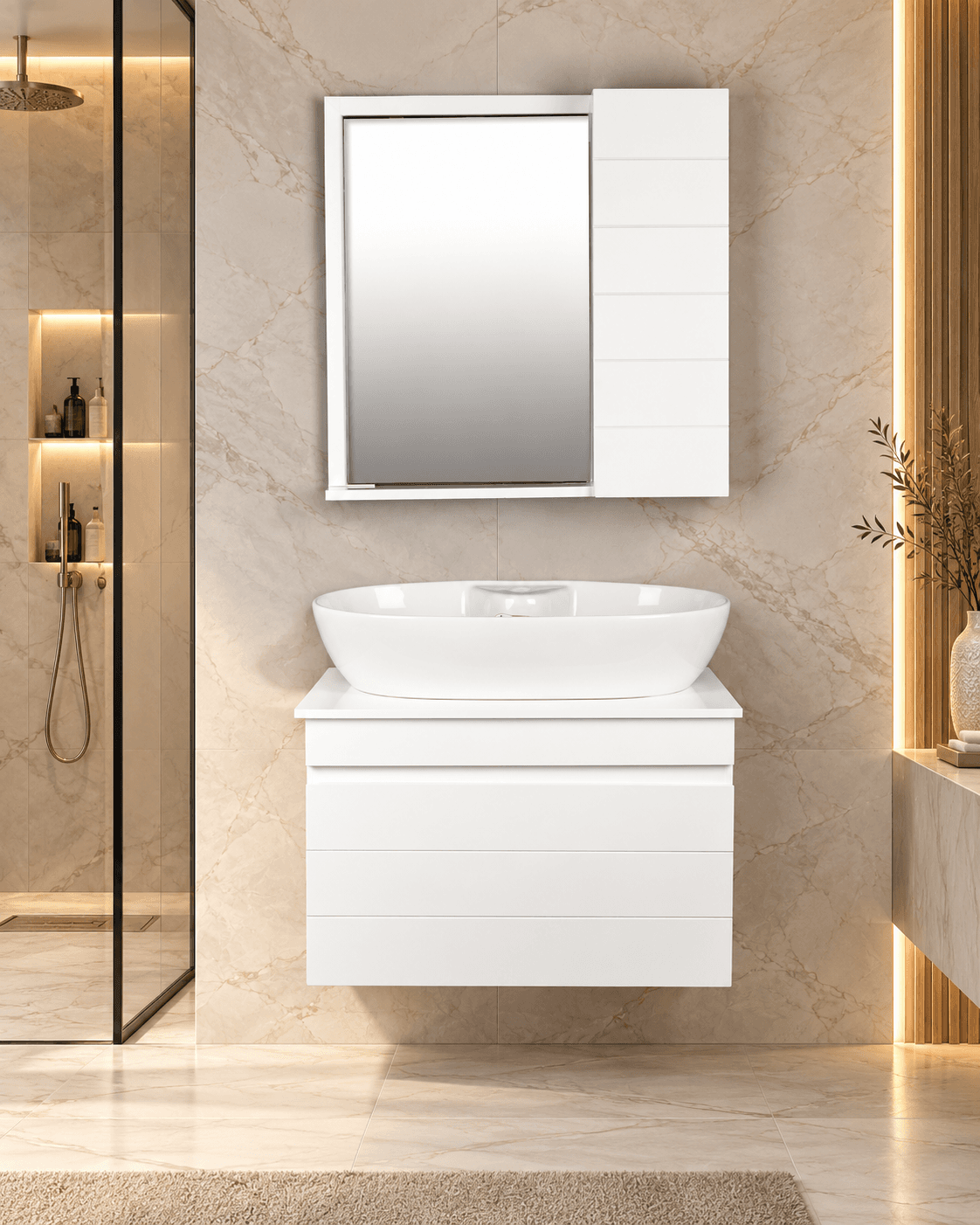روشویی کابینتی و آینه باکس 40*60 طرح تمام سفید بیضی آرمیتاژ — تصویر ۲
