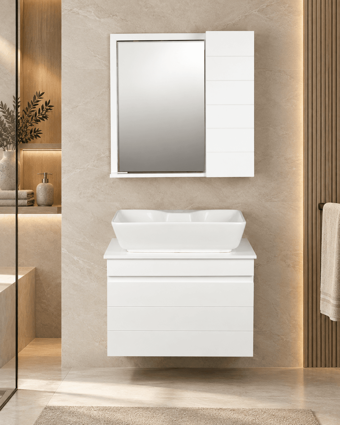 روشویی کابینتی و آینه باکس 40*60 طرح تمام سفید — تصویر ۵